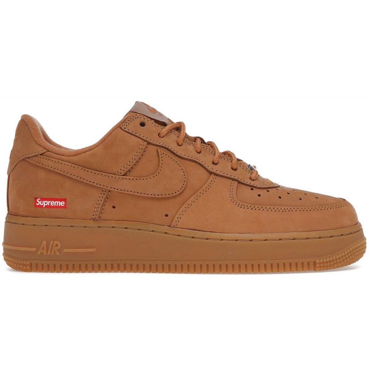 Nike Air Force 1 Low SP Supreme Wheat sneakers in beige nubuck with red Supreme logo, stylish classic design.