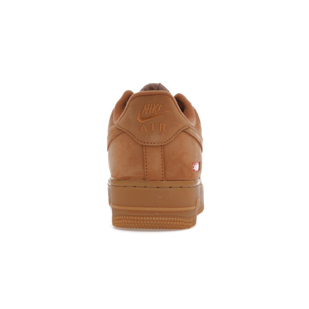 Back view of Nike Air Force 1 Low SP Supreme Wheat sneaker in beige nubuck leather.