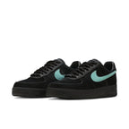 Nike Air Force 1 Low SP in black suede with Tiffany blue Swoosh, showcasing a sleek collaboration design.