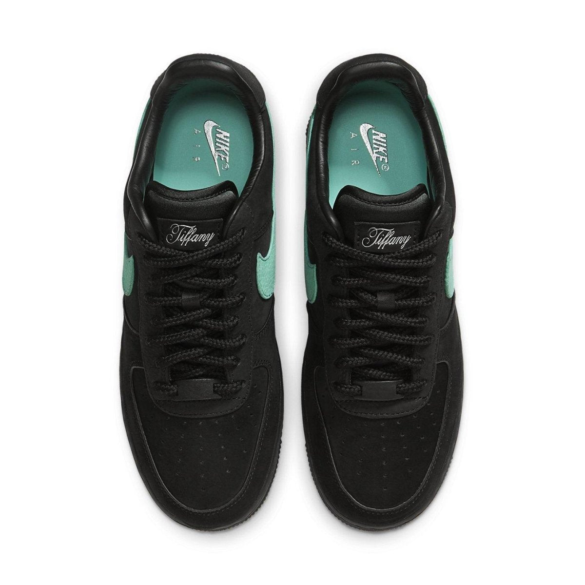 Nike Air Force 1 Low SP Tiffany & Co. in black with Tiffany blue accents, showcasing the collaboration design.