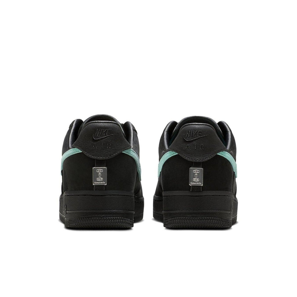 Nike Air Force 1 Low SP Tiffany and Co. black sneakers rear view with teal accents.