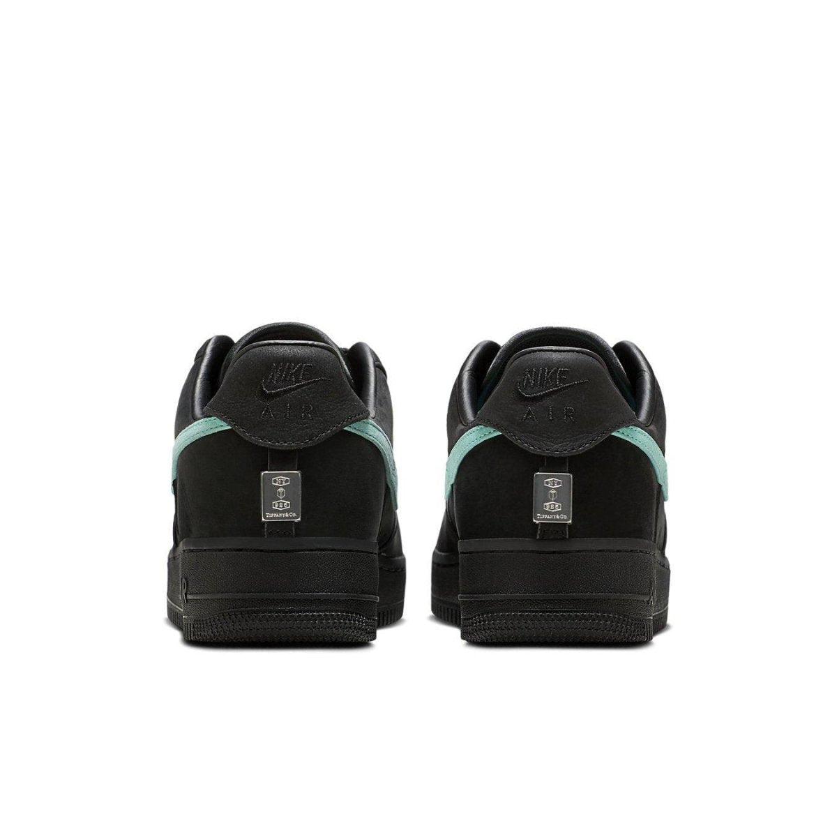 Nike Air Force 1 Low SP Tiffany and Co. black sneakers rear view with teal accents.