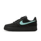 Nike Air Force 1 Low SP Tiffany & Co. in black suede with teal Swoosh design.