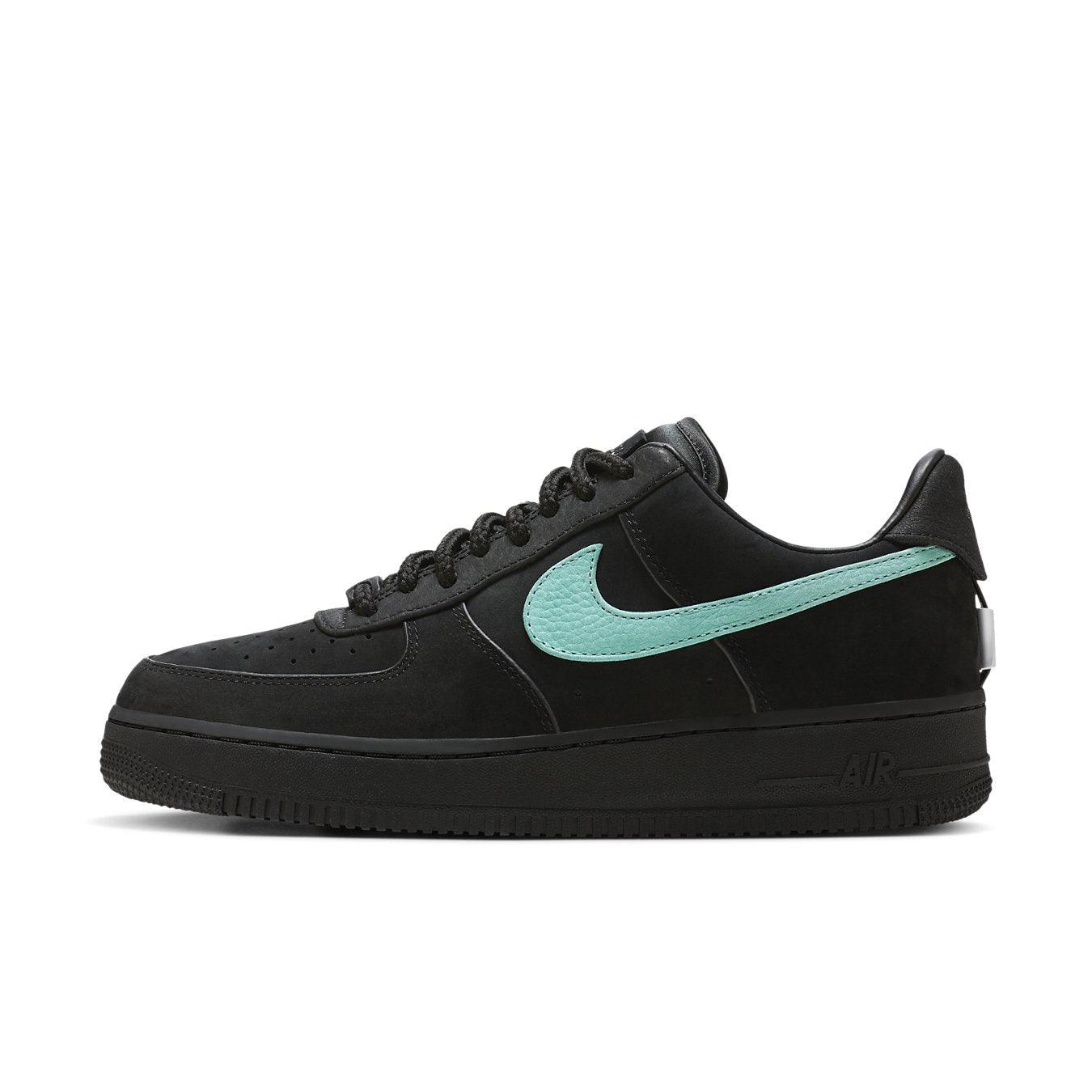 Nike Air Force 1 Low SP Tiffany & Co. in black suede with teal Swoosh design.
