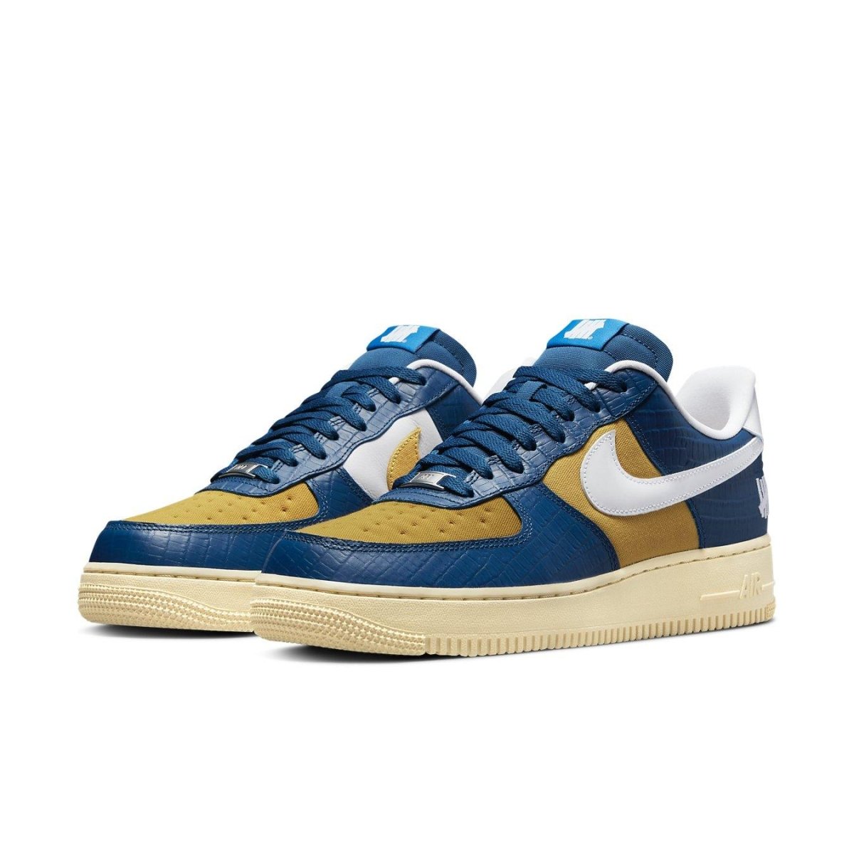Nike Air Force 1 Low SP Undefeated 5 On It in blue and yellow croc design, featuring premium materials and unique patterns.