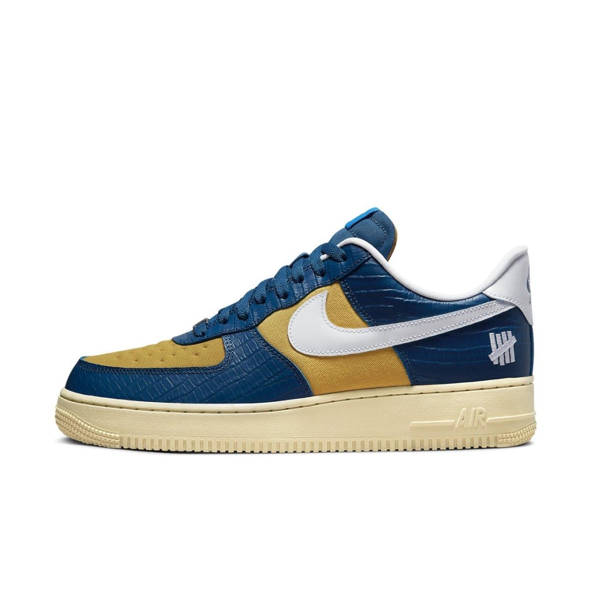 Nike Air Force 1 Low SP Undefeated 5 On It in blue and yellow crocodile print, showcasing its modern aesthetic.