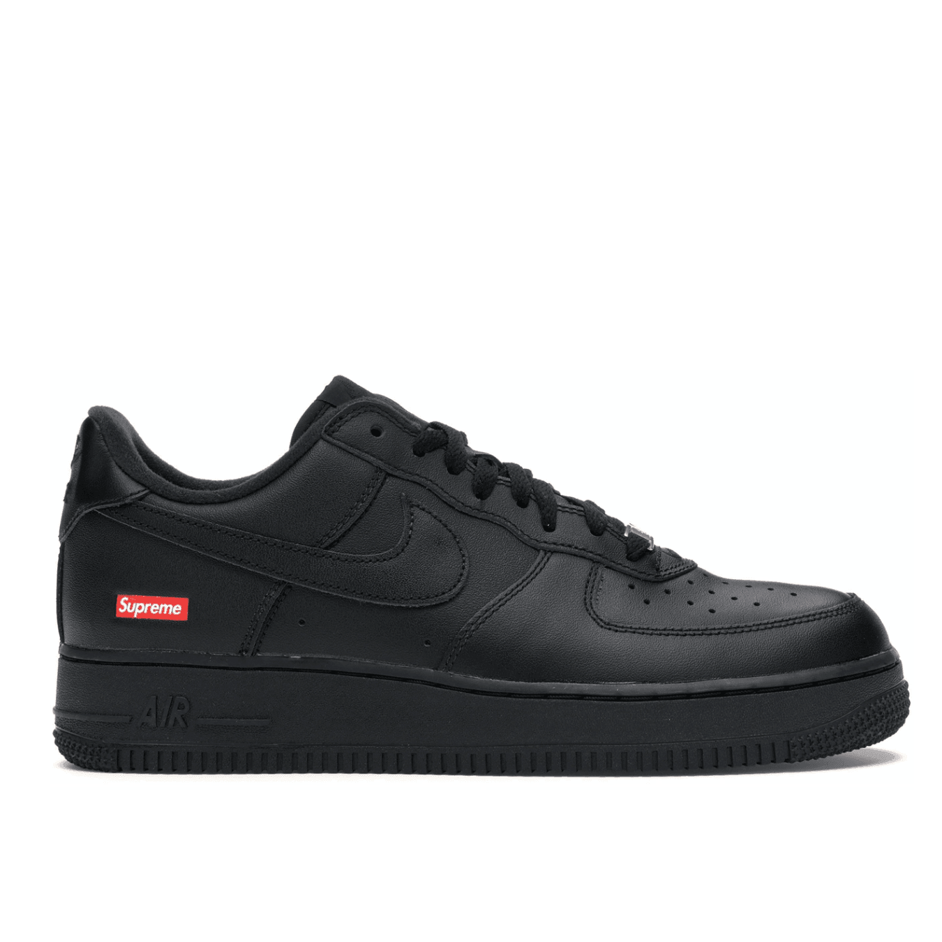 Nike Air Force 1 Low Supreme Black sneaker with red box logo, classic black leather design, stylish streetwear footwear.
