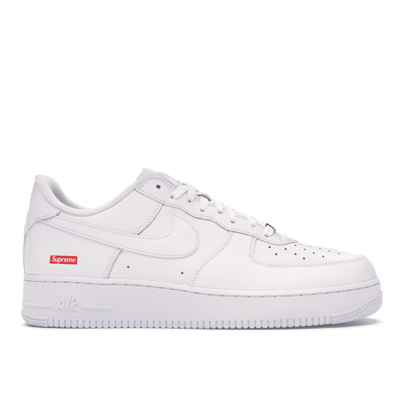 Nike Air Force 1 Low Supreme White sneaker with red Supreme logo and white leather upper.