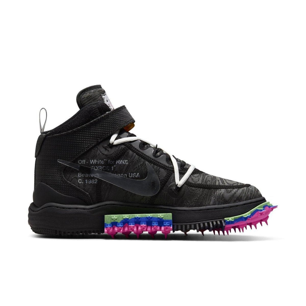 Nike Air Force 1 Mid Off-White Black sneaker with unique design and colorful sole.