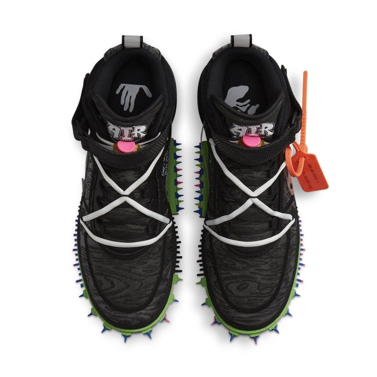 Nike Air Force 1 Mid Off-White Black top view showcasing spiked sole and unique lacing design.
