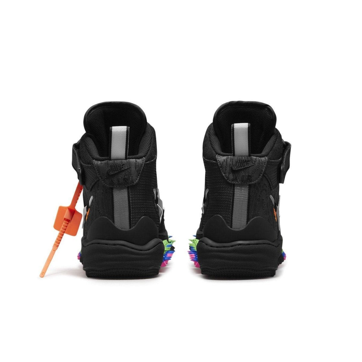 Back view of Nike Air Force 1 Mid Off-White Black with multicolor sole and adjustable ankle strap.