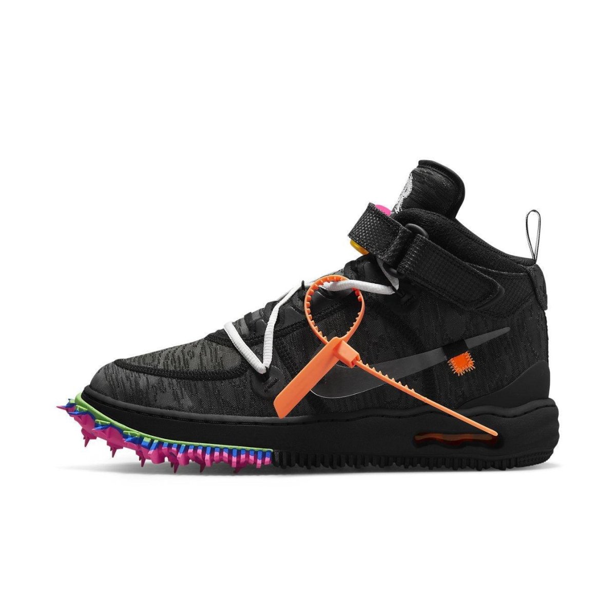 Nike Air Force 1 Mid Off-White Black sneaker featuring a unique design with colorful spikes and layered details.