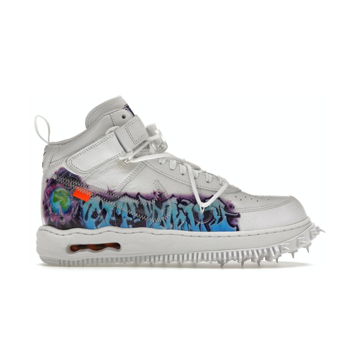 Nike Air Force 1 Mid Off-White Graffiti White with unique street art design and adjustable ankle strap.