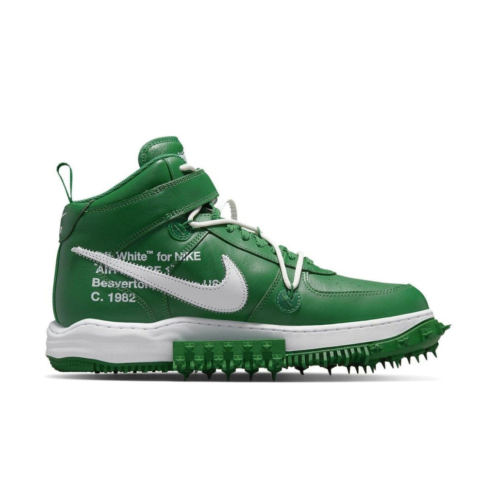 Nike Air Force 1 Mid Off-White Pine Green sneaker featuring green leather upper and distinct design elements.