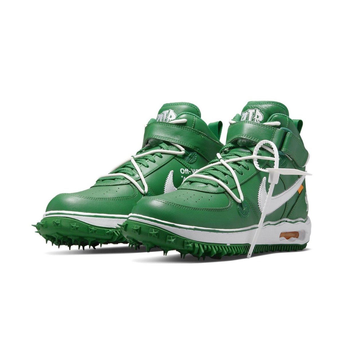 Nike Air Force 1 Mid Off-White Pine Green sneakers featuring unique green leather upper and white contrast Swoosh.