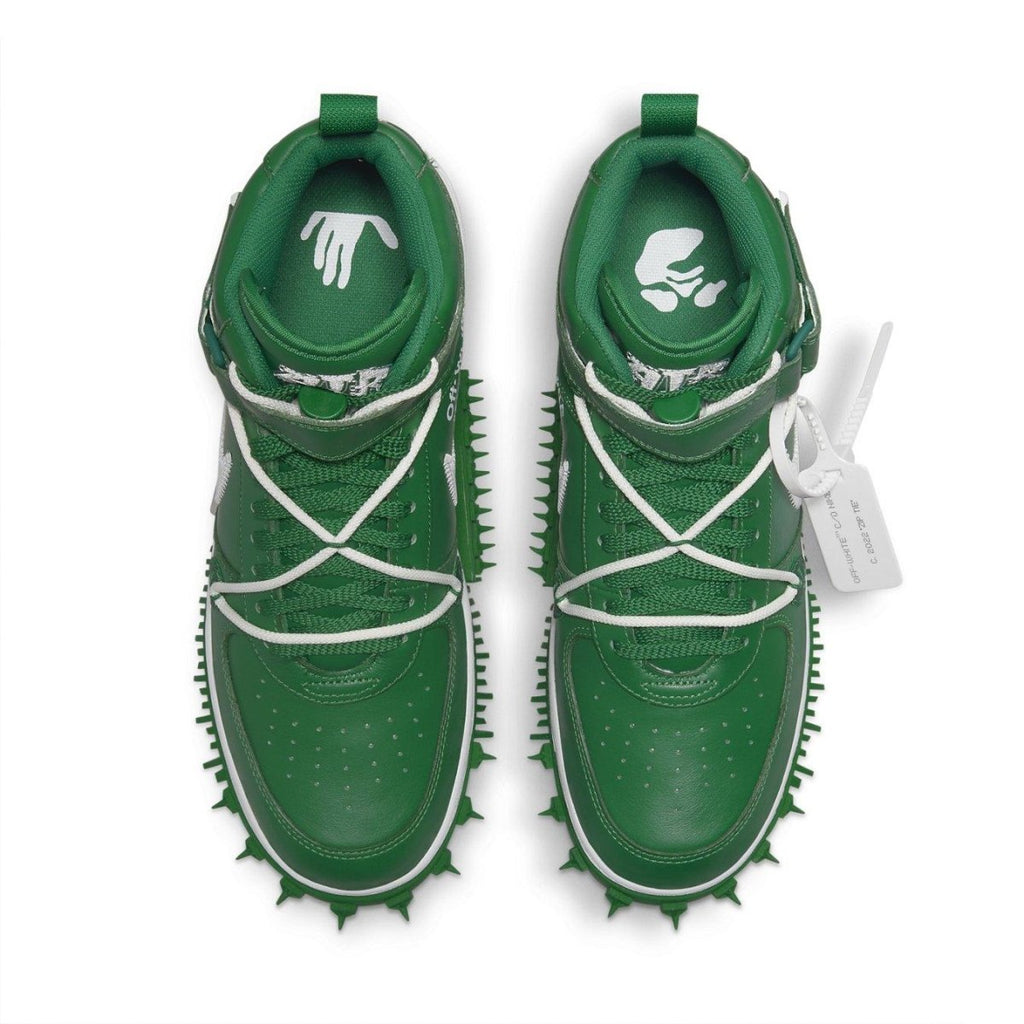 Nike Air Force 1 Mid Off-White Pine Green featuring a green leather upper and unique spiked detailing.