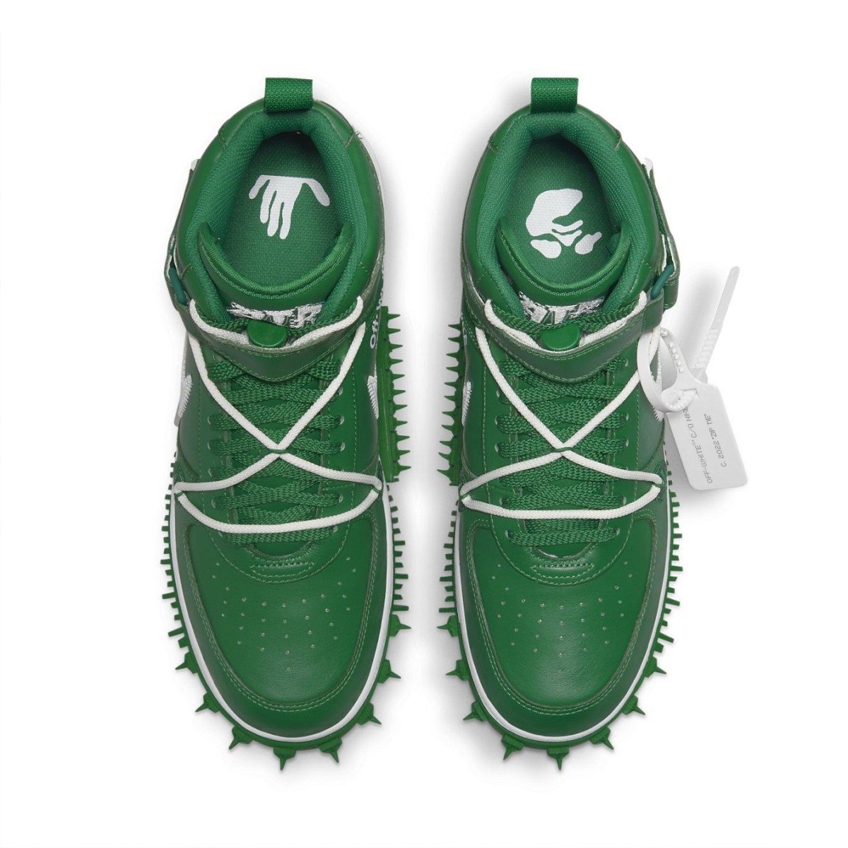 Nike Air Force 1 Mid Off-White Pine Green featuring a green leather upper and unique spiked detailing.