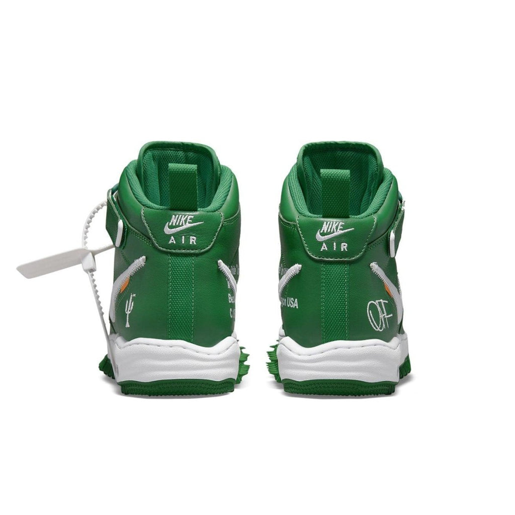 Rear view of Nike Air Force 1 Mid Off-White Pine Green showcasing unique design and vibrant green leather.