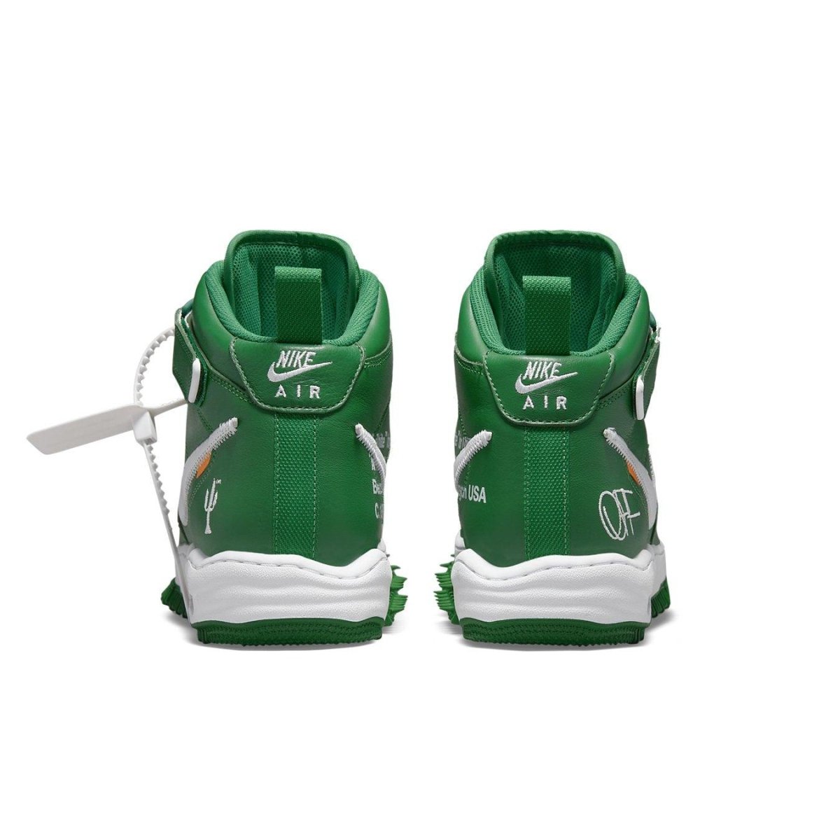Rear view of Nike Air Force 1 Mid Off-White Pine Green showcasing unique design and vibrant green leather.