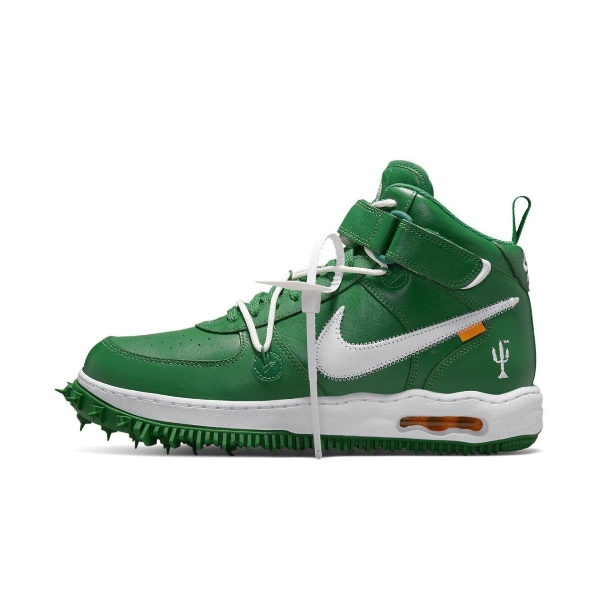 Nike Air Force 1 Mid Off-White Pine Green with white Swoosh and spiked sole, showcasing Virgil Abloh's unique design.