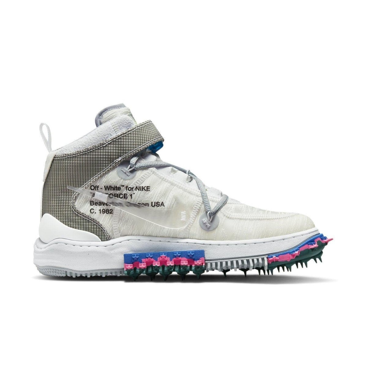 Nike Air Force 1 Mid Off-White in white with colorful sole and textured upper, featuring signature Off-White design details.