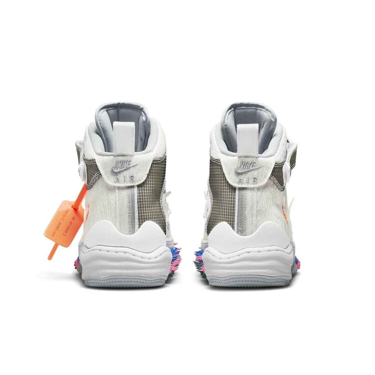 Rear view of Nike Air Force 1 Mid Off-White White featuring textured upper and vibrant accents.