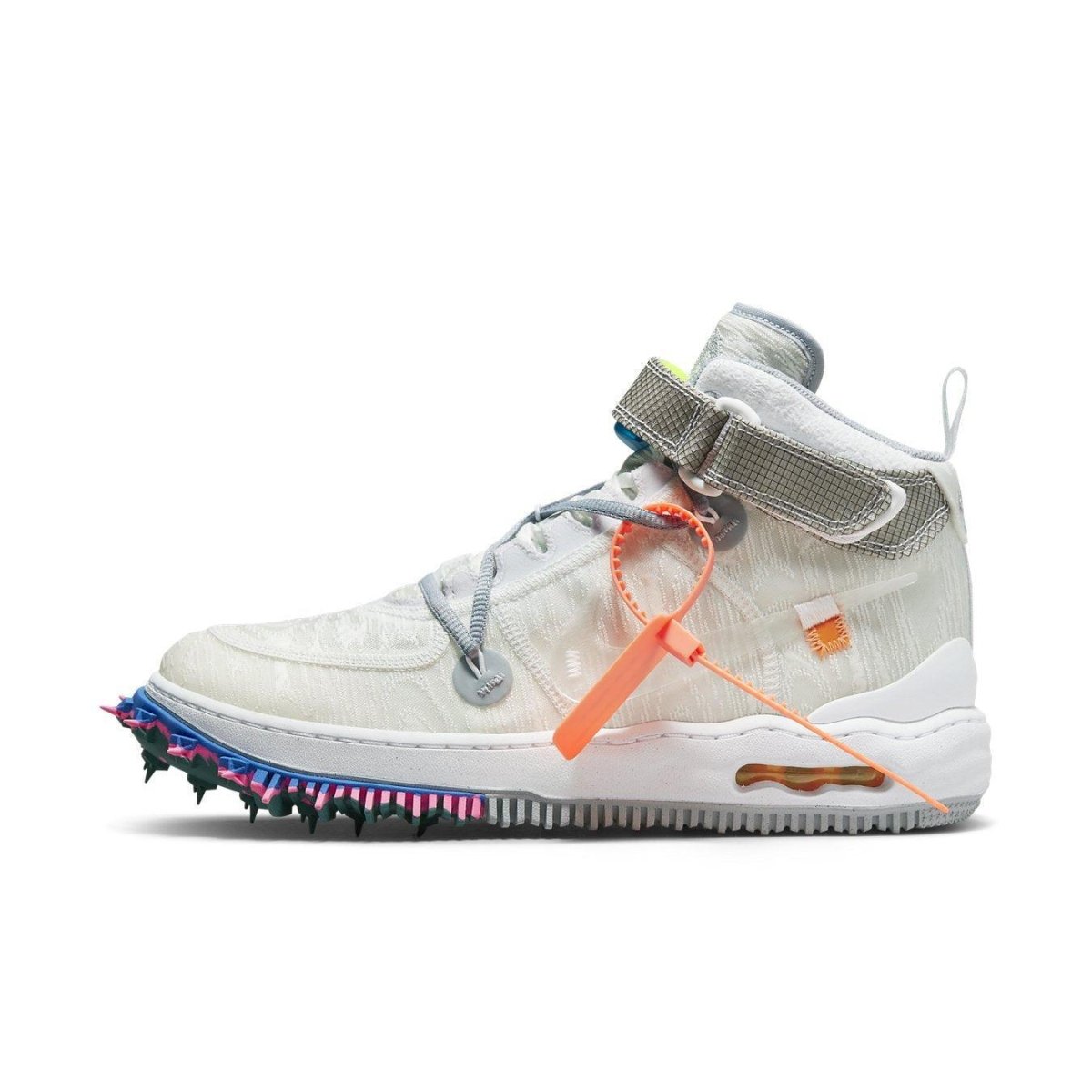 Nike Air Force 1 Mid Off-White White sneaker with unique design and vibrant colors, featuring textured white upper and colorful sole.
