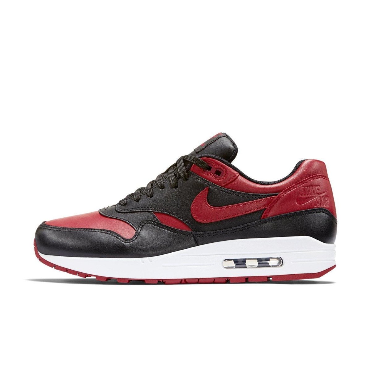 Nike Air Max 1 Bred sneaker featuring a premium leather upper in Varsity Red and black.
