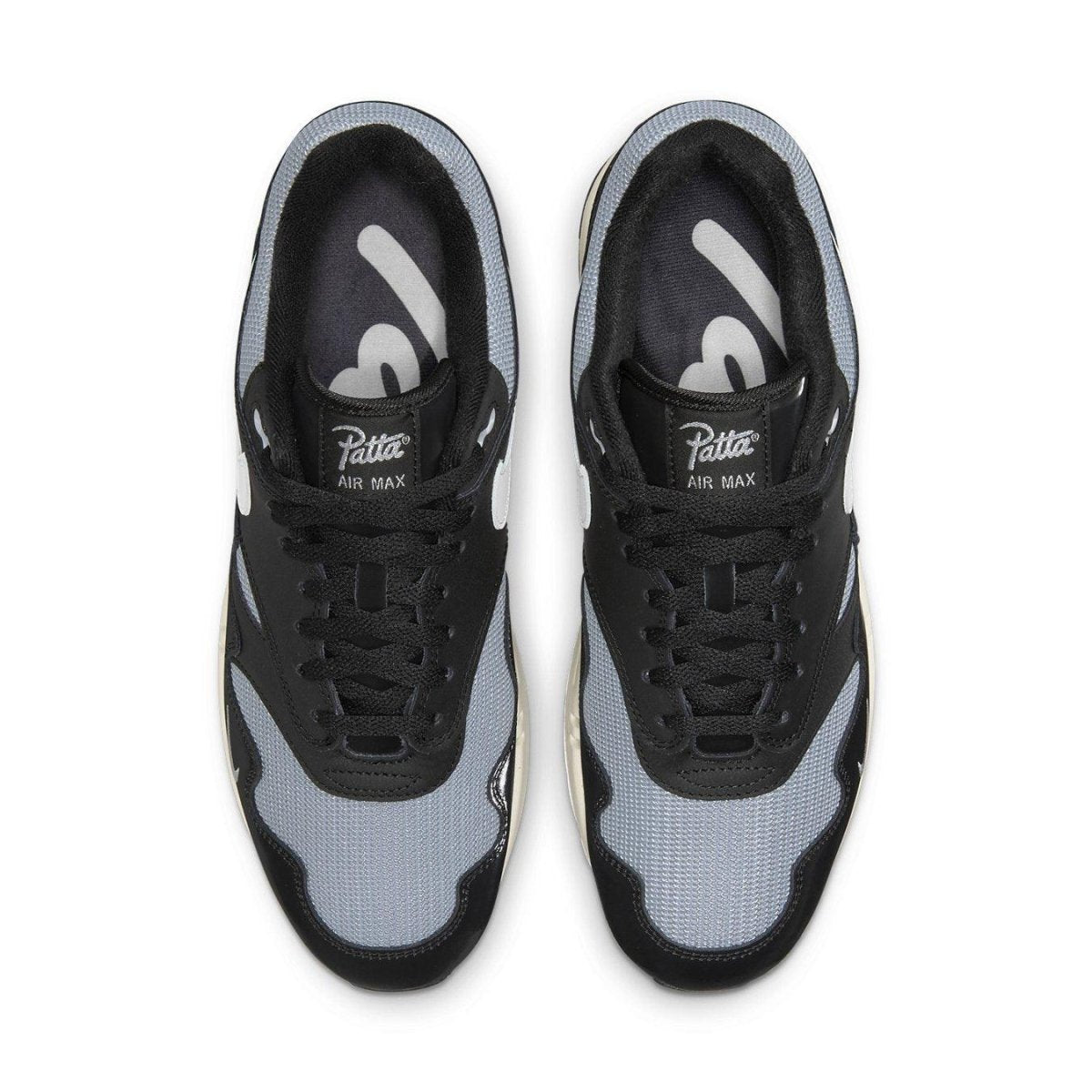 Nike Air Max 1 Patta Waves Black top view showcasing mesh and synthetic leather design.