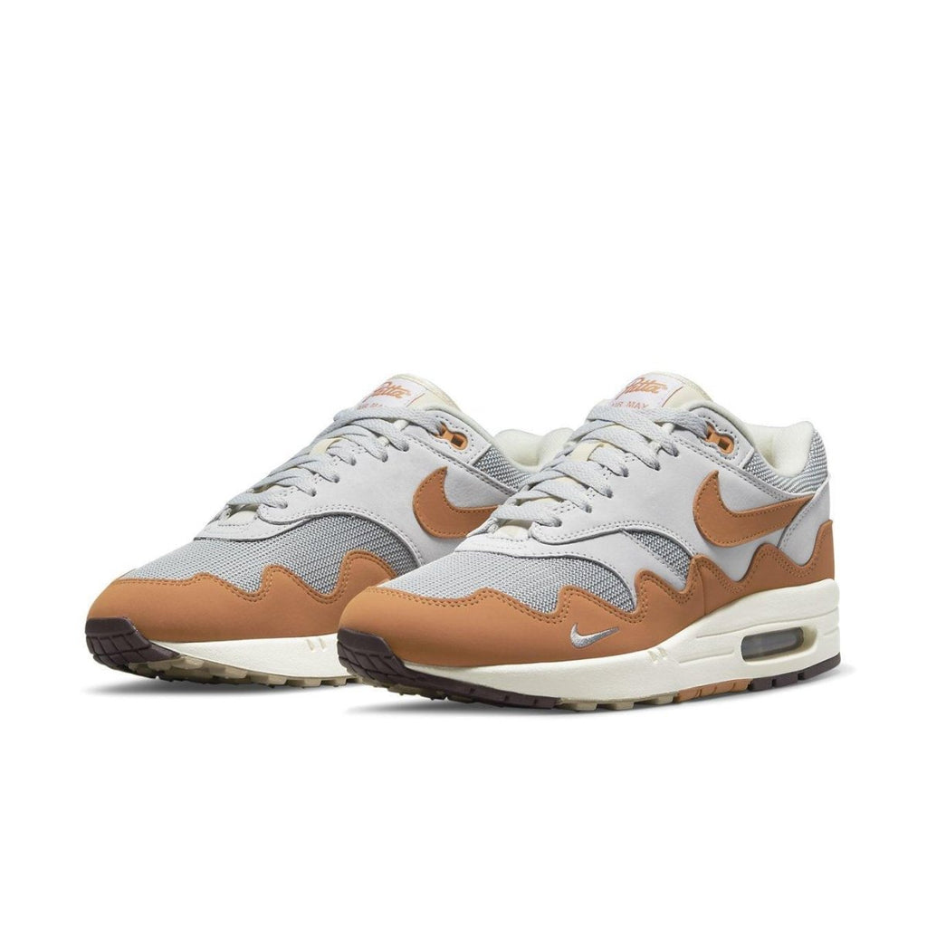Nike Air Max 1 Patta Waves Monarch sneakers in grey and brown colorway.