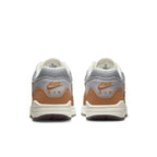 Nike Air Max 1 Patta Waves Monarch sneakers featuring grey and brown colorway from the rear view.