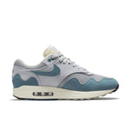 Nike Air Max 1 Patta Waves in Noise Aqua, featuring grey mesh and blue suede waves design.