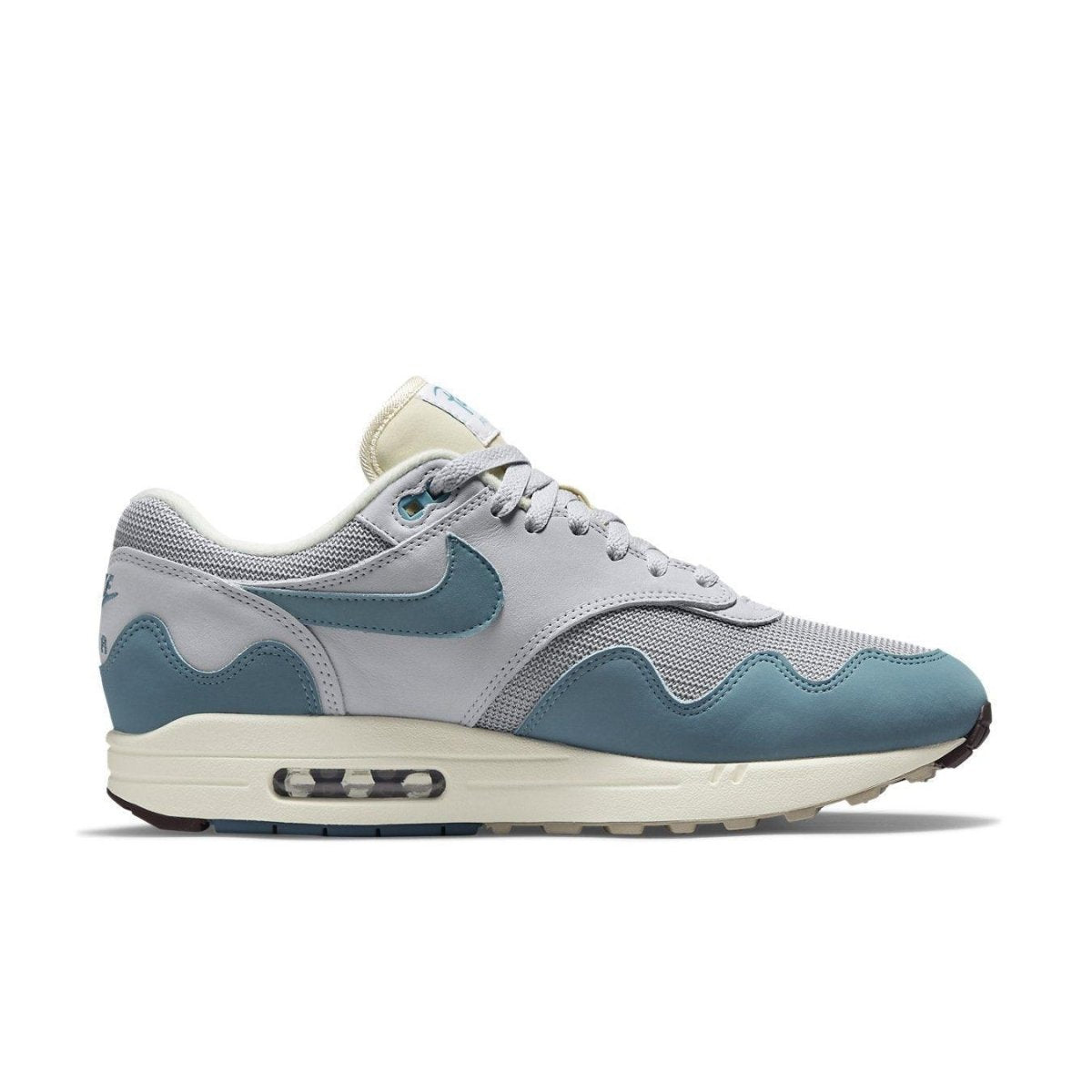 Nike Air Max 1 Patta Waves in Noise Aqua, featuring grey mesh and blue suede waves design.