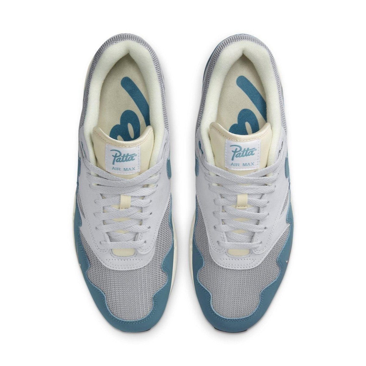 Nike Air Max 1 Patta Waves in Noise Aqua with grey mesh and blue suede, featuring iconic Patta logo and Swoosh design.