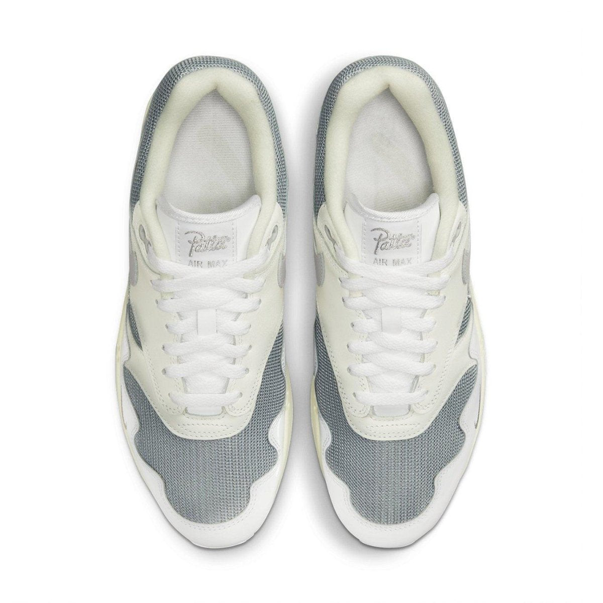 Nike Air Max 1 Patta Waves White top view with grey and silver design for stylish comfort.