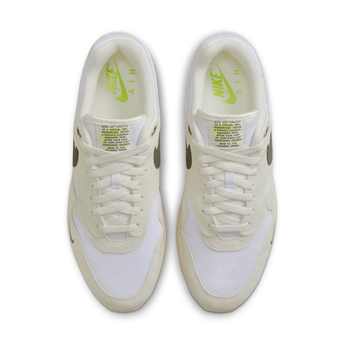 Nike Air Max 1 Sail Ironstone top view with white mesh and green accents, showcasing classic sneaker design.