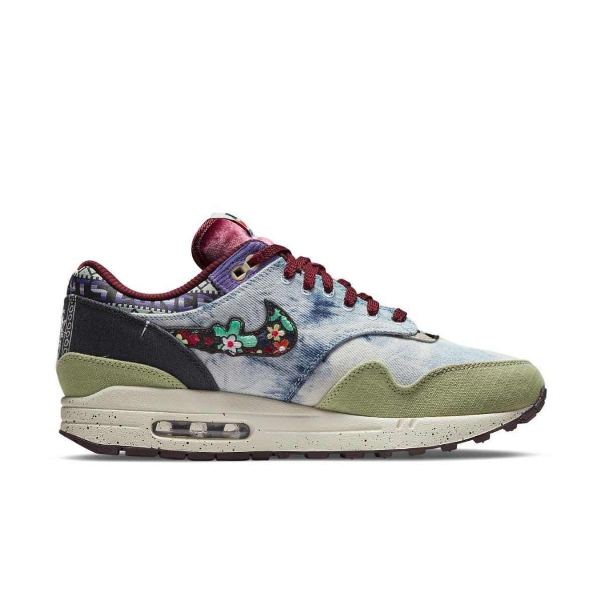 Nike Air Max 1 SP Concepts Mellow in blue tie-dye denim with floral designs and corduroy details.