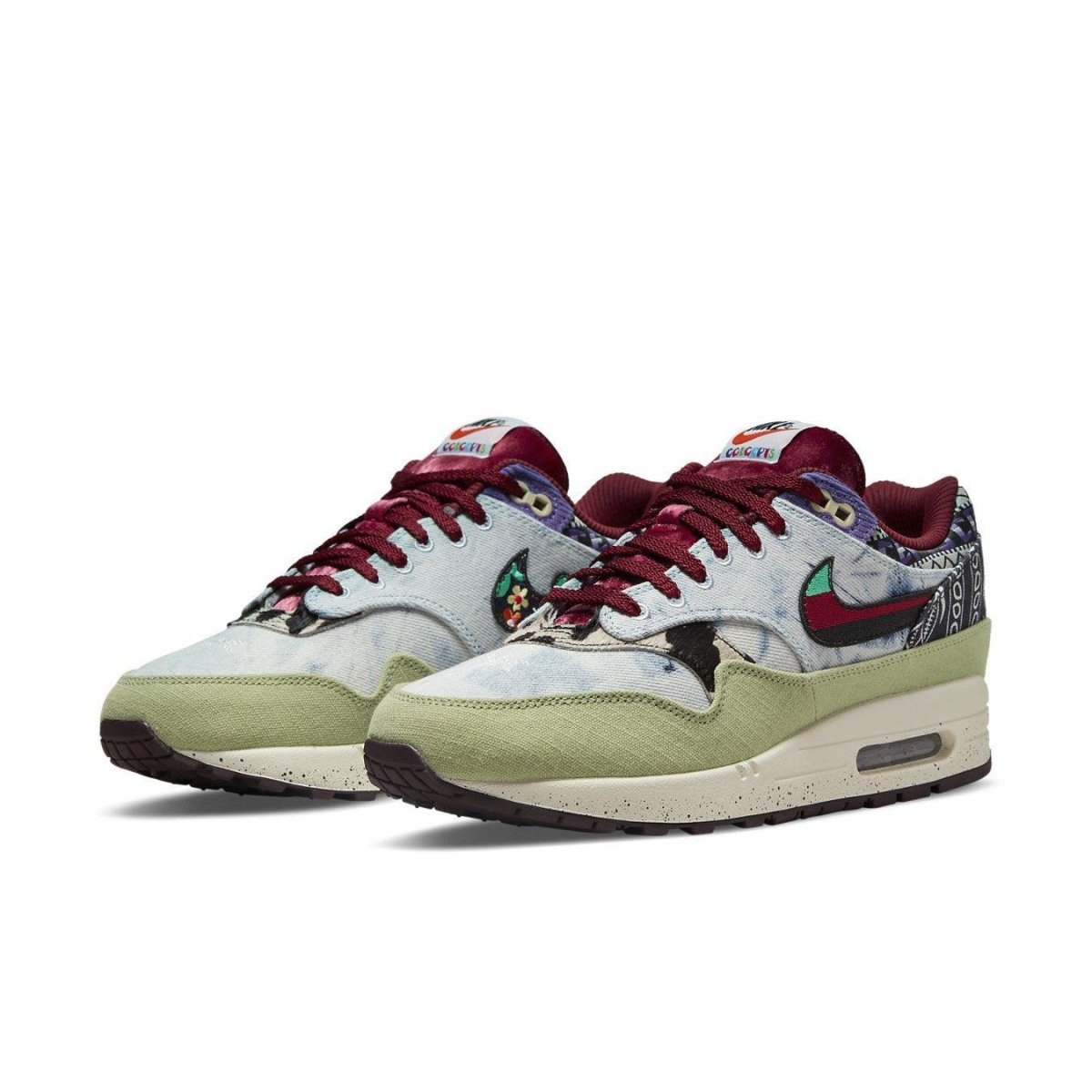 Nike Air Max 1 SP Concepts Mellow sneakers featuring denim tie-dye, corduroy lining, and unique Boston store designs.