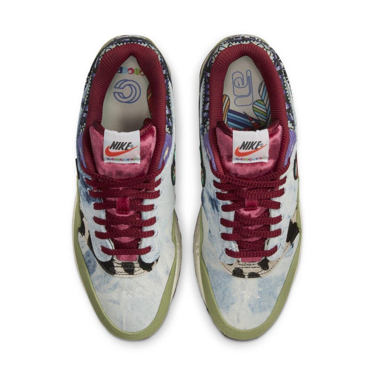 Nike Air Max 1 SP Concepts Mellow sneakers in blue tie-dye with burgundy velvet lining and unique floral design accents.