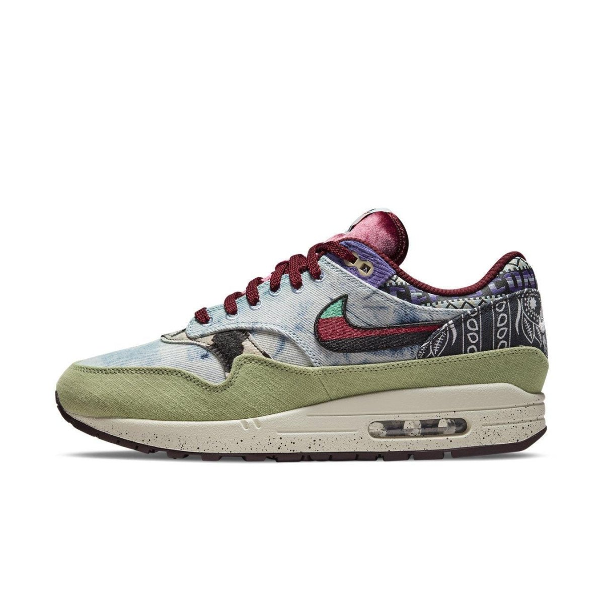 Nike Air Max 1 SP Concepts 'Mellow' sneaker in denim tie-dye and green suede.