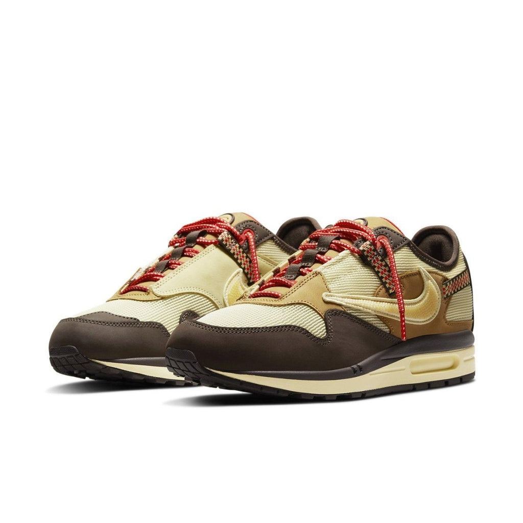 Nike Air Max 1 Travis Scott Cactus Jack in Baroque Brown, featuring cream mesh and brown leather.