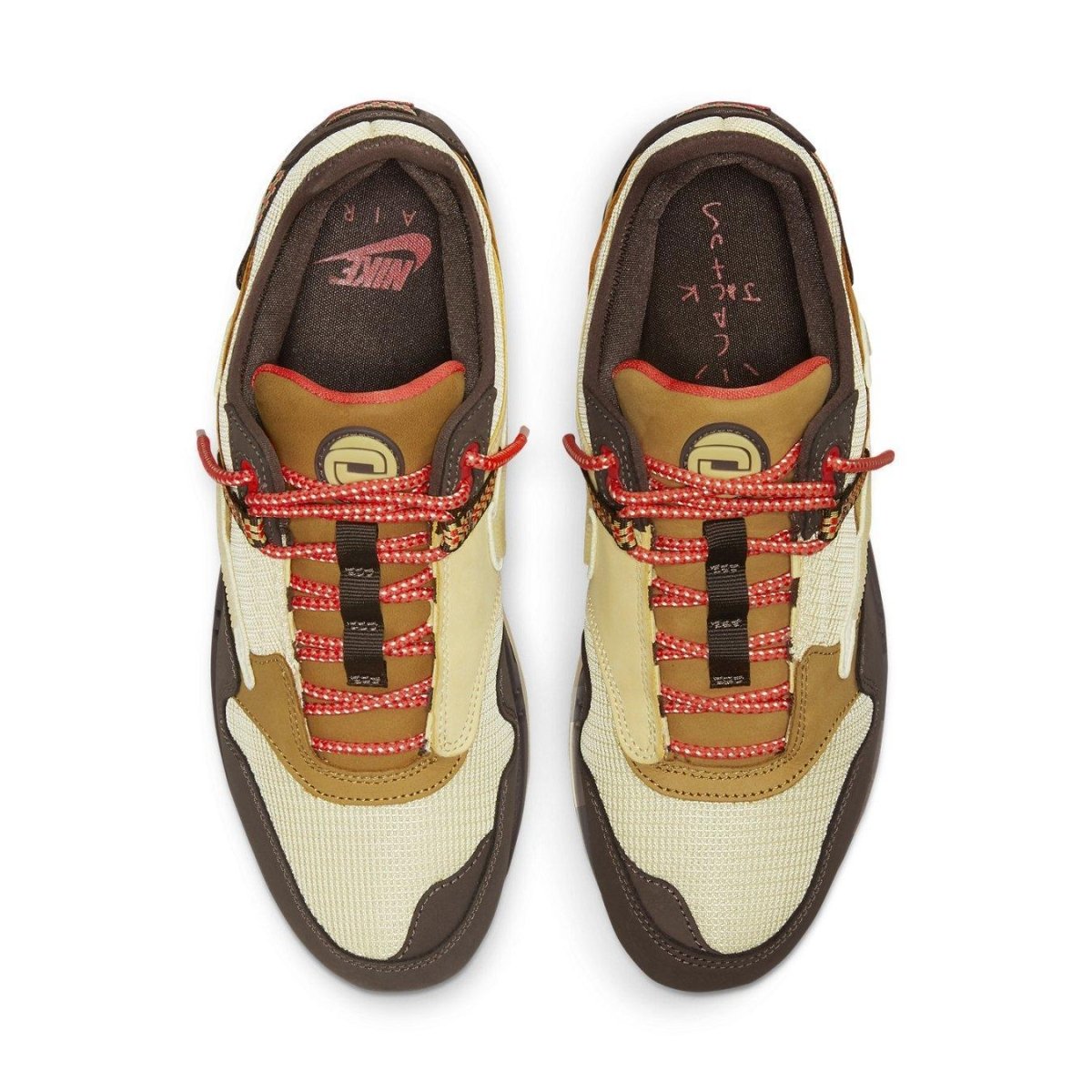 Top view of Nike Air Max 1 Travis Scott Cactus Jack Baroque Brown, featuring cream mesh, brown leather, and ghillie lacing.