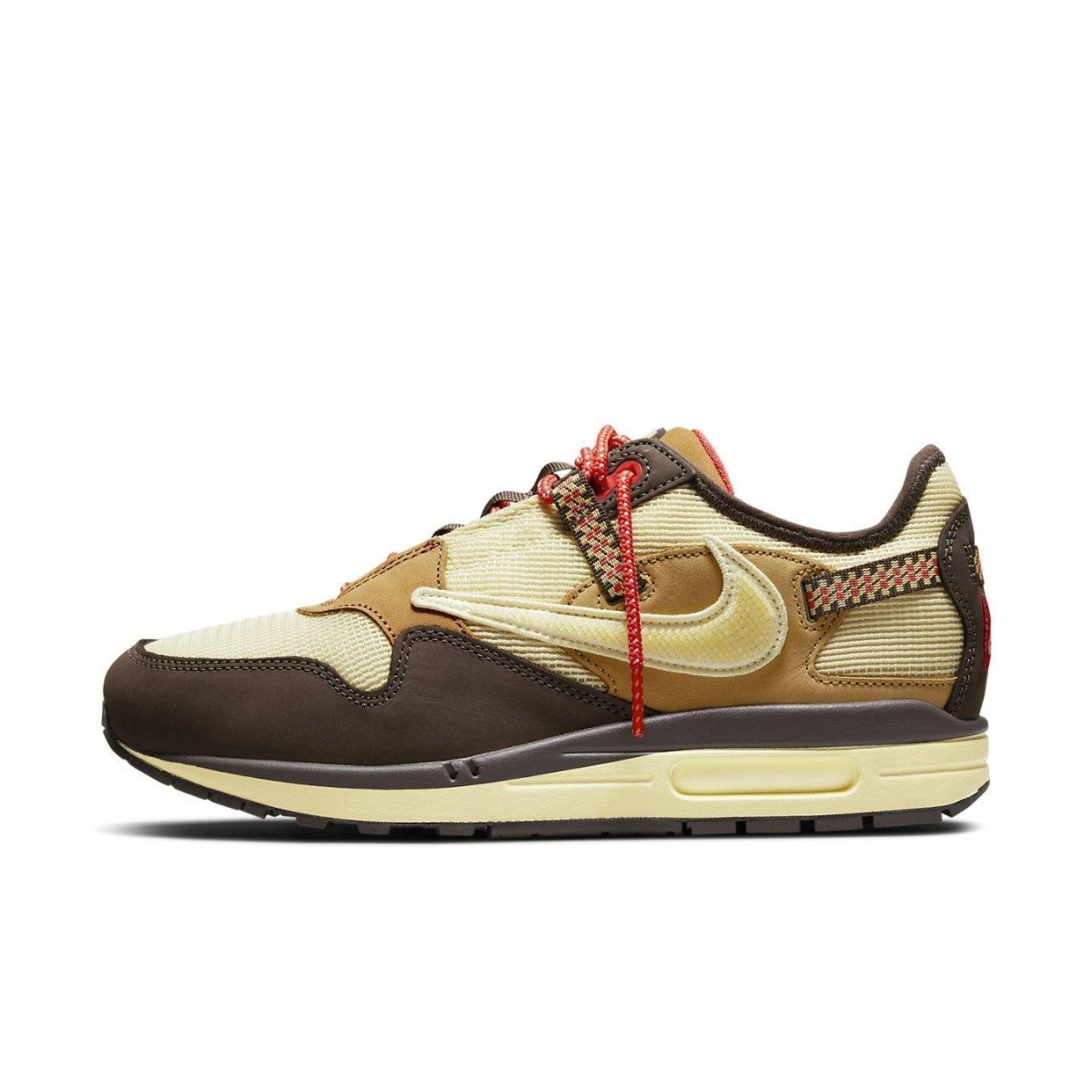 Nike Air Max 1 Travis Scott Cactus Jack Baroque Brown sneaker, featuring cream mesh upper and brown accents.