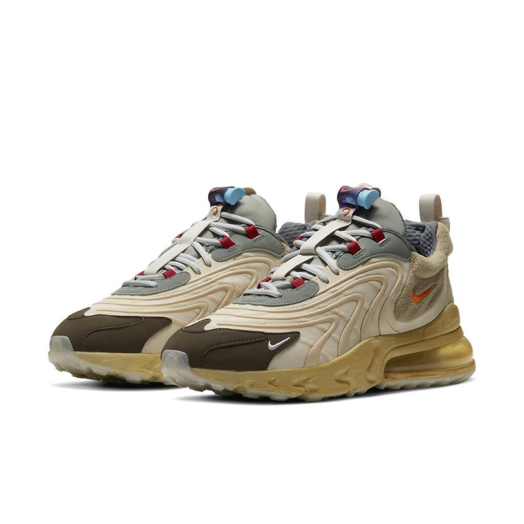Nike Air Max 270 React ENG Travis Scott 'Cactus Trails' sneakers in cream and brown with unique design elements.