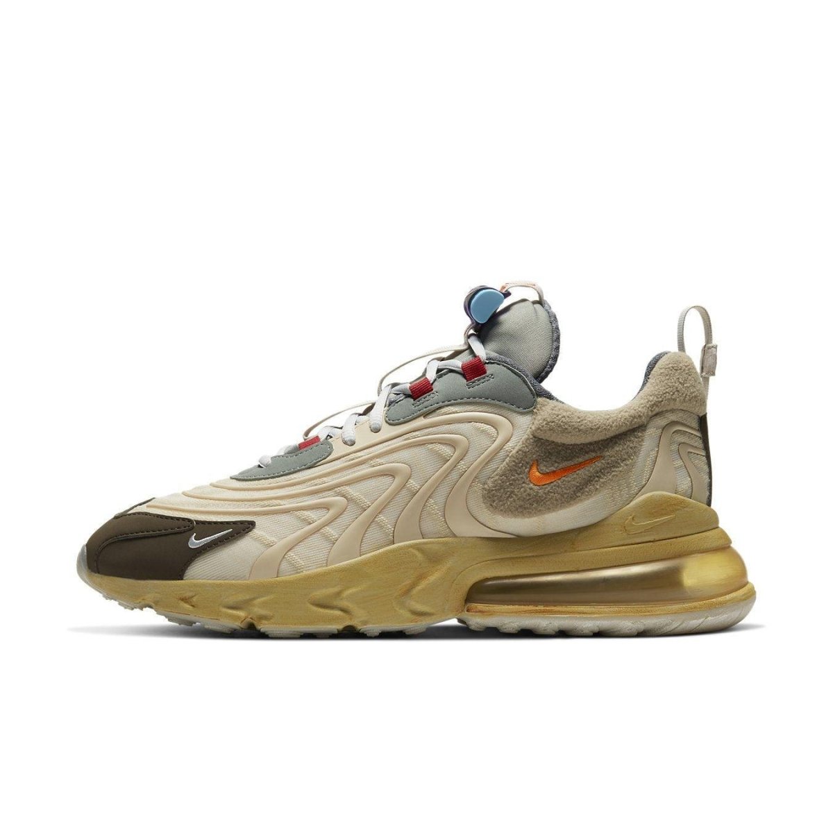 Nike Air Max 270 React ENG Travis Scott 'Cactus Trails' showcasing cream upper and brown nubuck details.