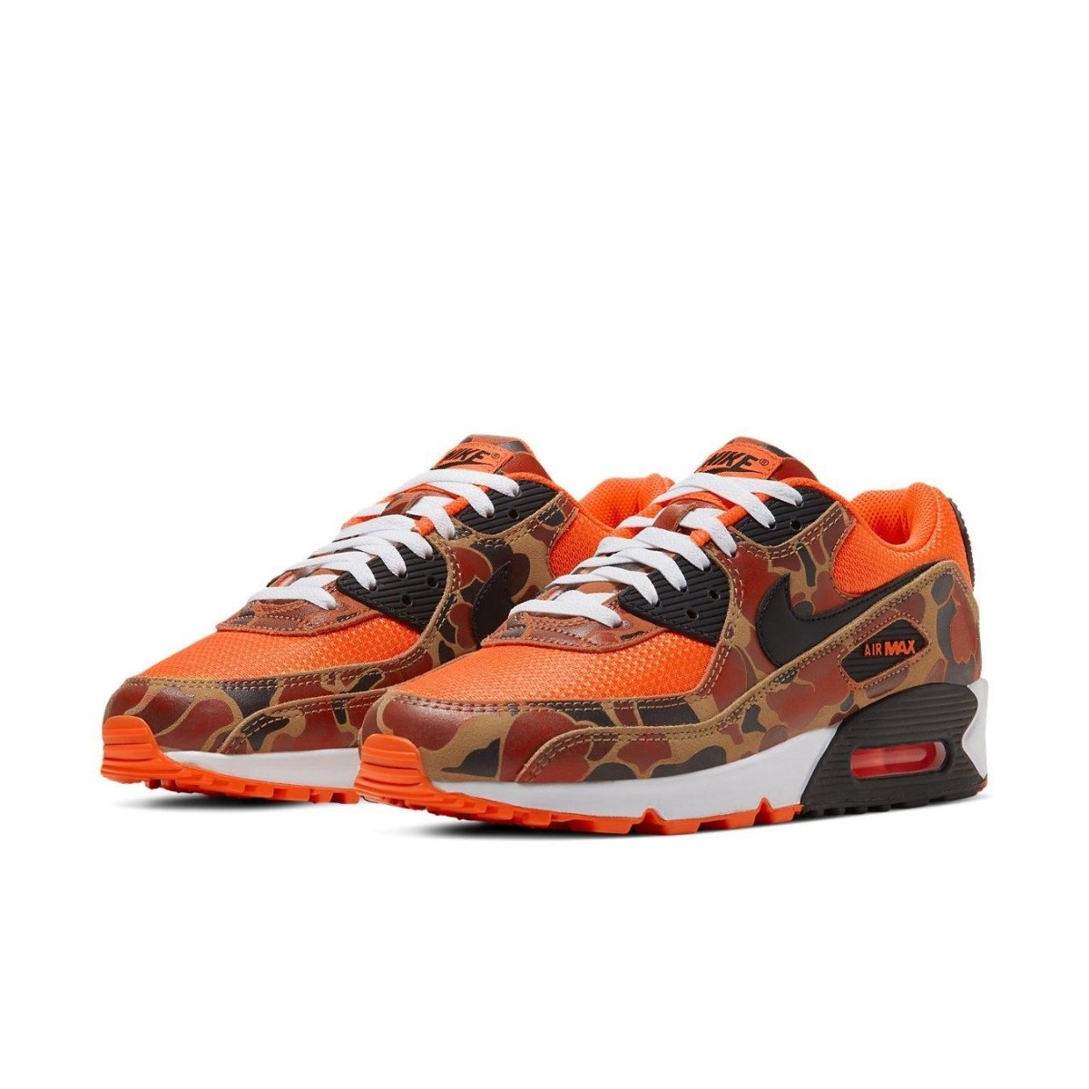 Nike Air Max 90 Duck Camo Orange sneakers showcasing vibrant Total Orange and classic camo design elements.