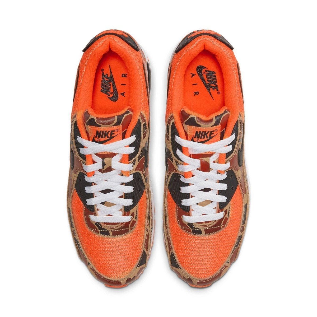 Nike Air Max 90 Duck Camo in Total Orange, featuring bold camo design and white laces for a stylish look.