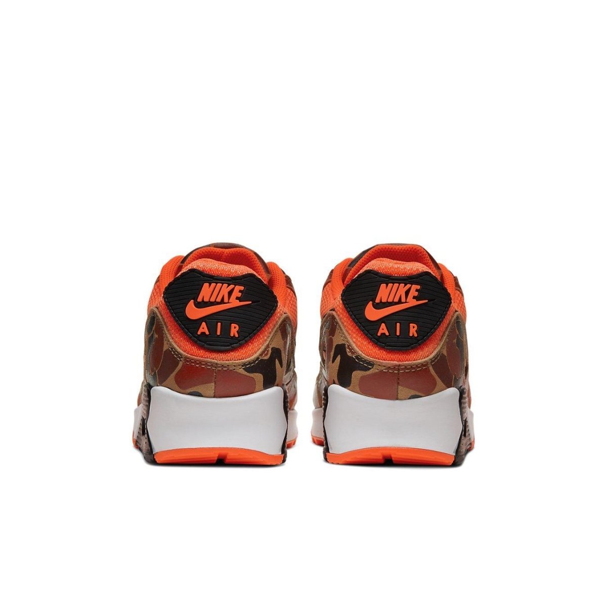 Nike Air Max 90 Duck Camo Orange sneakers featuring vibrant Total Orange and classic camouflage design.