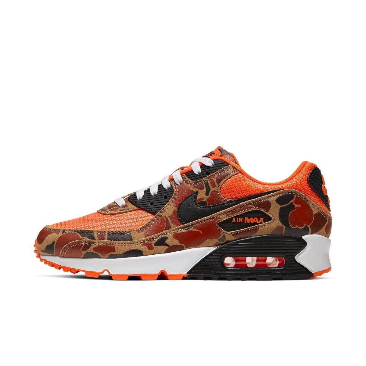 Nike Air Max 90 Duck Camo in Total Orange with black accents, showcasing a unique blend of style and performance.
