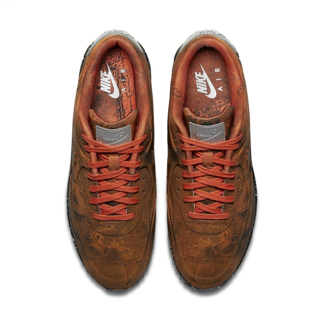 Nike Air Max 90 Mars Landing sneakers in Mars Stone and Magma Orange from top view, featuring unique textural design.